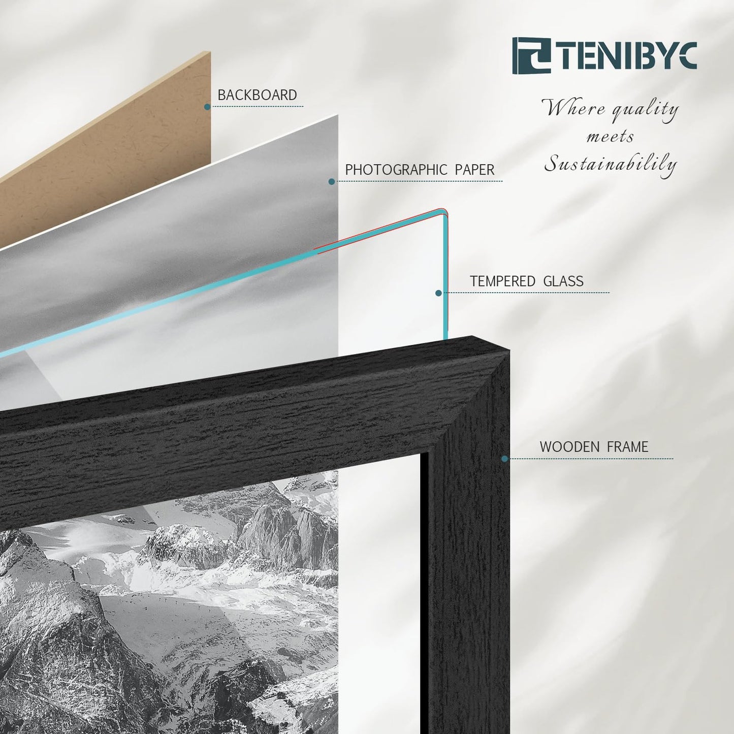 TENIBYC 5x7 Picture Frames Set - 3 Pack - Black Solid Wood Poster Frame - Tempered Glass - Exclusive Woodgrain - Rooms, Offices, Gallery, Studio, and Hallway, Wall Display Decor