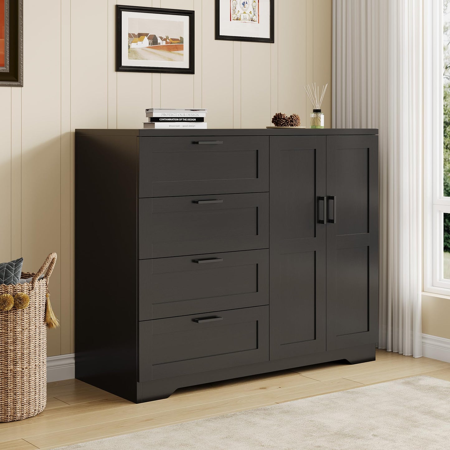 IDEALHOUSE 43.3'' H Armoire Wardrobe Closet with 4 Drawers and 2 Doors, Hanging Rod, Multifunctional Wooden Dresser with Storage Closet, Bathroom Cabinet for Bedroom, Black