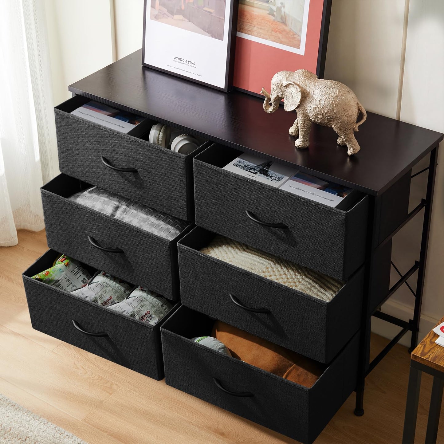 DUMOS Black Bedroom Dresser for Closet, Fabric Dresser, Chest of 6 Drawers