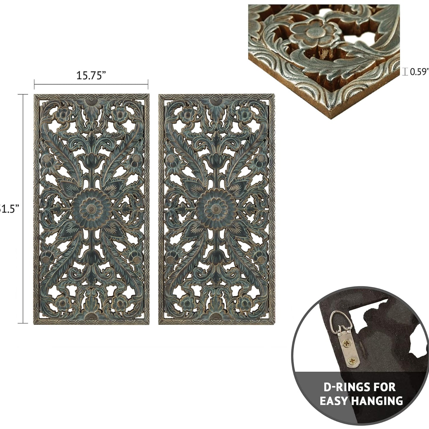Madison Park Carved Wood Wall Art 2 Piece, Floral Wooden Carving Wall Decor, Blue Wall Art Living Room Bedroom, Copper Embellished Boho, Ready to Hang, 15.75"W x 31.5"L, Patina Blue