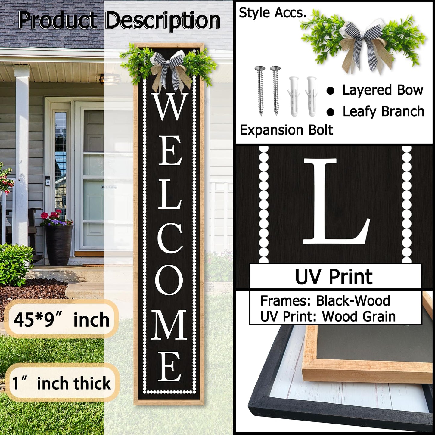 Aurapeak Welcome Sign for Front Porch Door Standing, Outdoor Large Wooden Home Rustic Farmhouse Yard Vertical Hanging Modern Entryway Plaques Outside Decorations (45"X9" Wood Black)