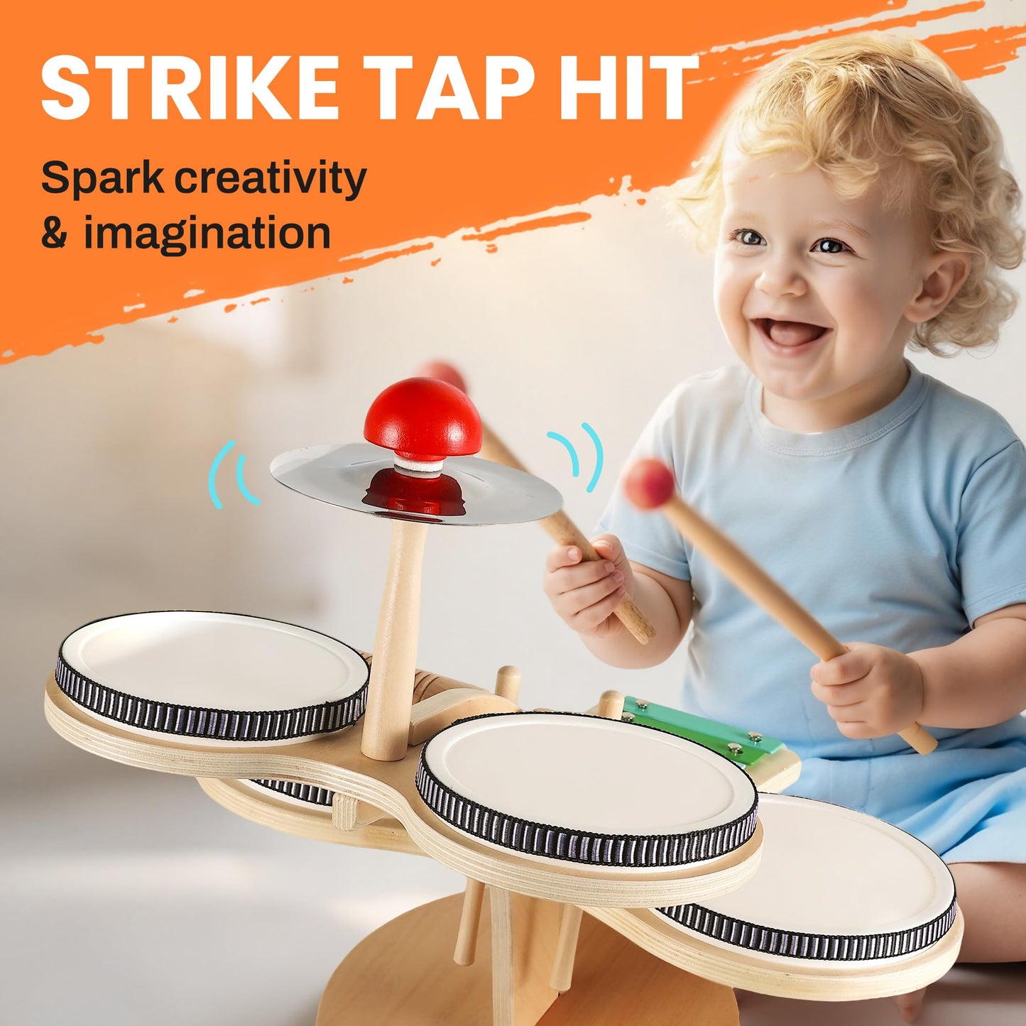 iPlay, iLearn Toddler Wooden Drum Set, Kids Musical Instruments Toy, 8 in 1 Percussion Drum Kit W/Xylophone Cymbal, Baby Montessori Learning Birthday Gifts for 18 Month, 2 3 4 5 6 Year Old Boy Girl