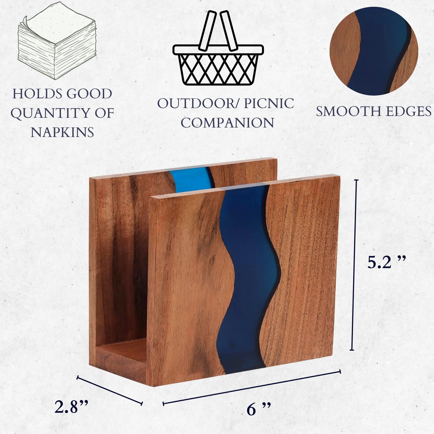 LAVAUK Acacia wood & Transparent Epoxy resin Napkin holder for table, Rustic farmhouse napkin organisation for kitchen, dining, counter tops, restaurant or outdoors | 6x5x2.5 inches| Blue