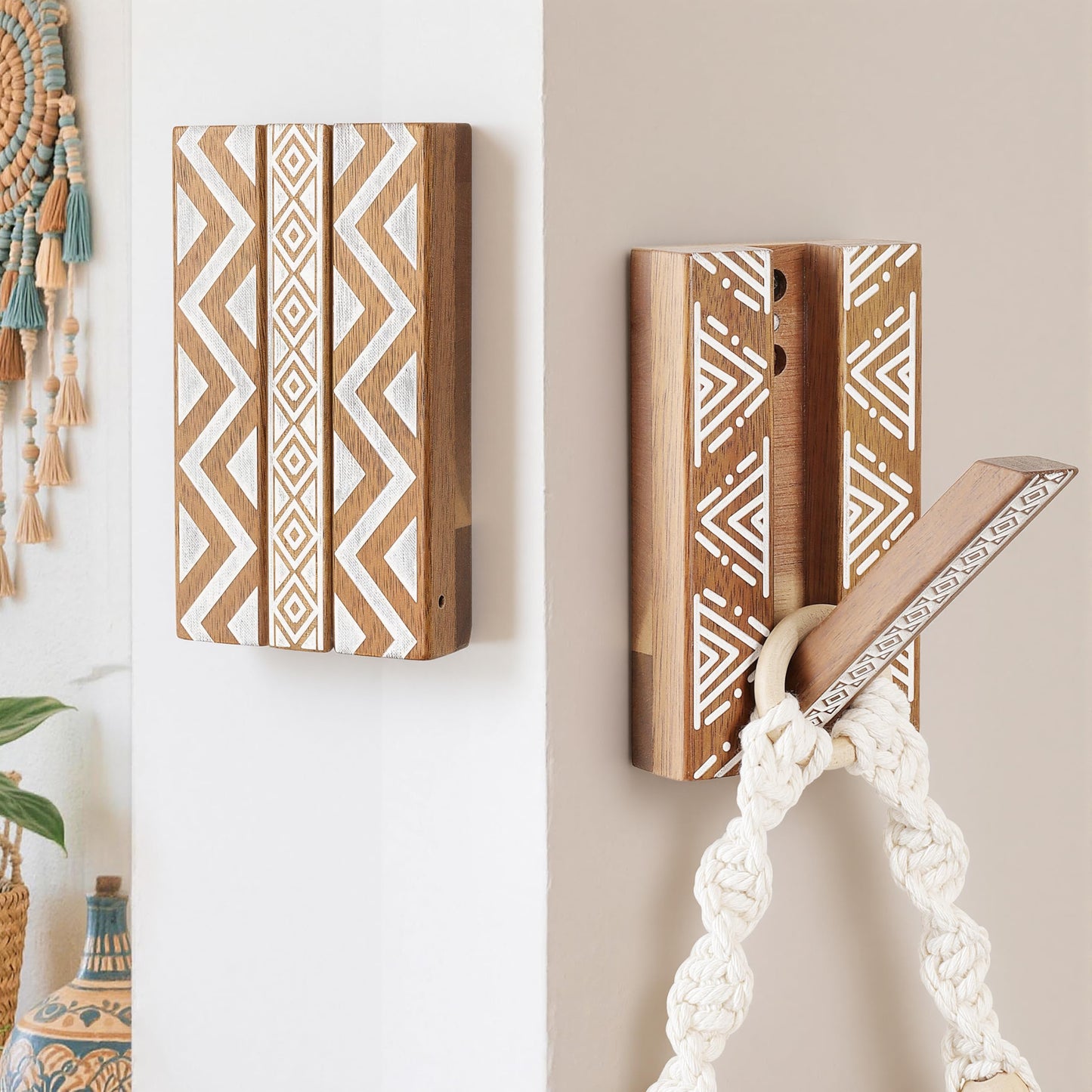 KYIAANY Boho Foldable Wall Hooks: Decorative Wooden Coat Hooks 2Pack Mounted for Heavy Duty Hanging Towels Backpack Bags Hats, Space Saving Home Decor for Aesthetic Homeowners
