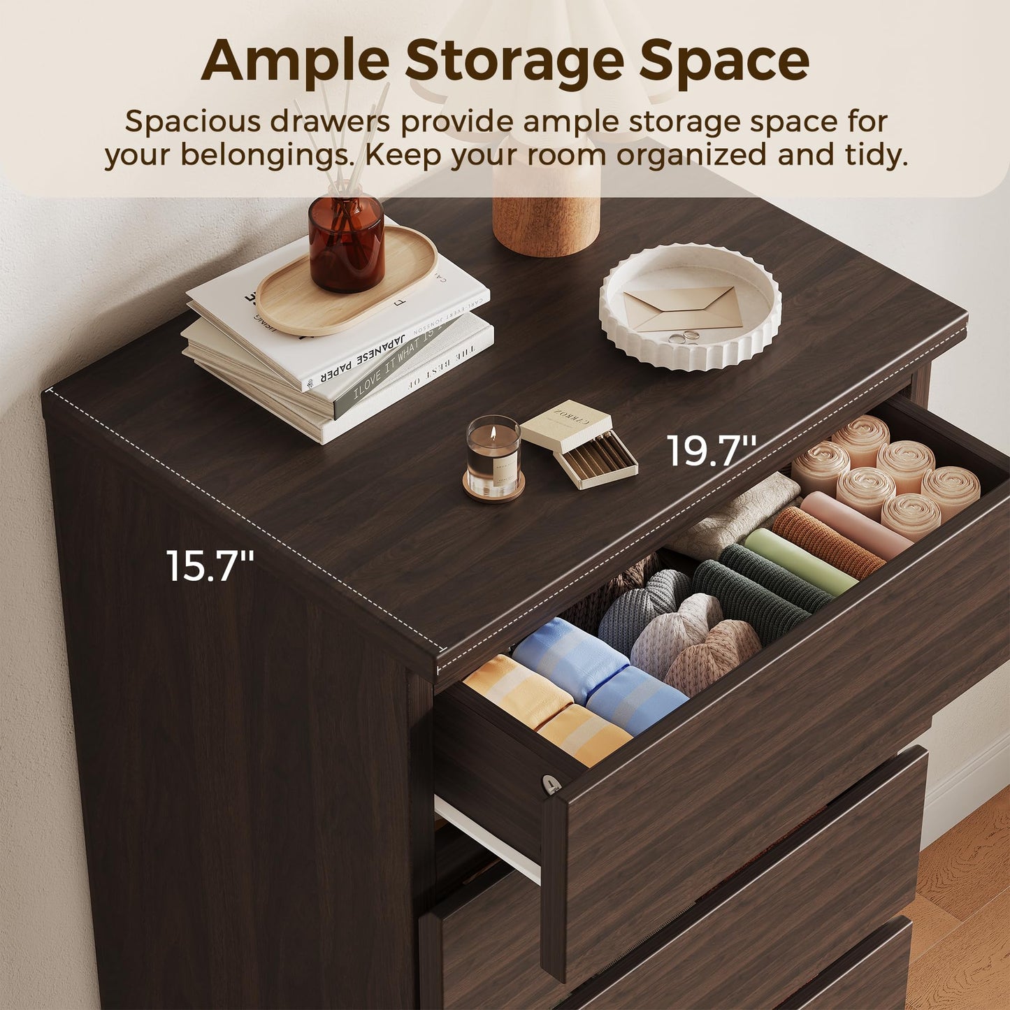 Brown Dresser, 6 Drawer Dresser for Bedroom, Wooden Chest of Drawers with Handleless Drawers, 19.7" W x 15.7" D x 47.2" H Vertical Tall Dresser, Storage Dressers for Living Room, Hallway and Office