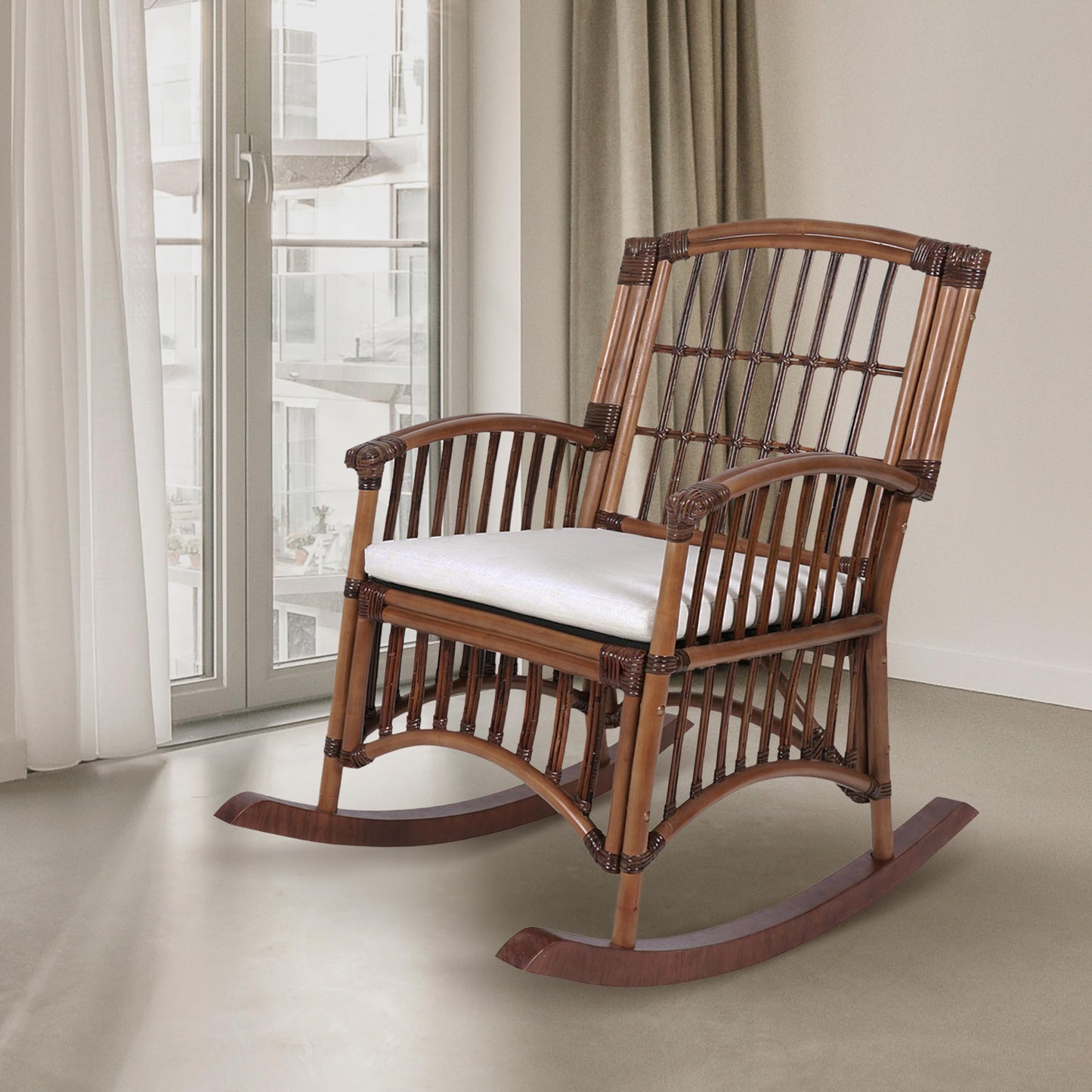 JONATHAN Y Swayze Mango Wood and Rattan Rocking Chair with Cushion, 39" H Bohemian Indoor Accent Armchair for Nursery or Living Room, Brown RCK200A