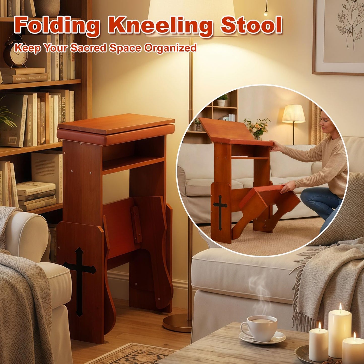 Fanwer Folding Prayer Bench for Home Use - Adjustable Wooden Kneeler for Prayer & Meditation, Compact Kneeling Altar with Bookshelf for Church, Chapel, or Personal Devotion