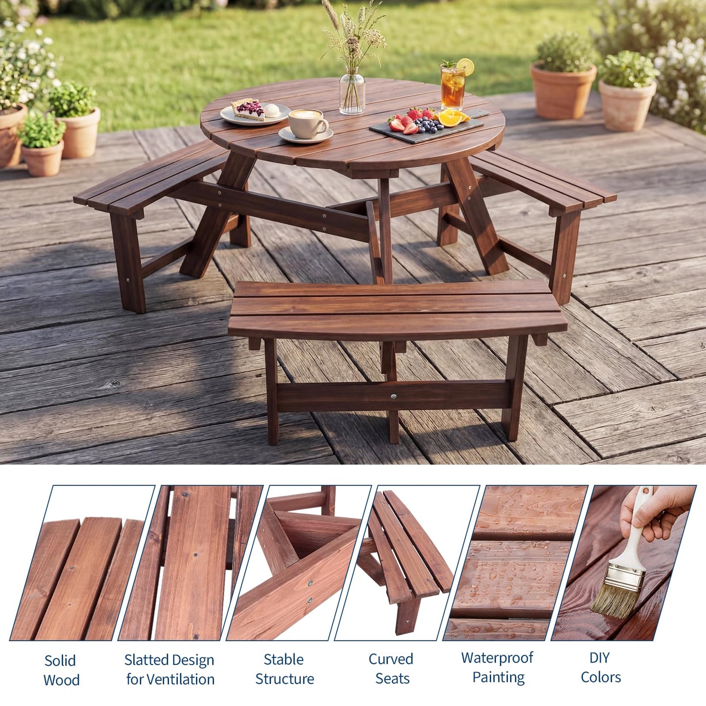 Garvee 6 Person Wooden Picnic Table, Outdoor Picnic Tables with 3 Built-in Benches, Circular Camping Dining Table and Chairs Set with Umbrella Hole for Garden, Patio, Backyard, Walnut Brown