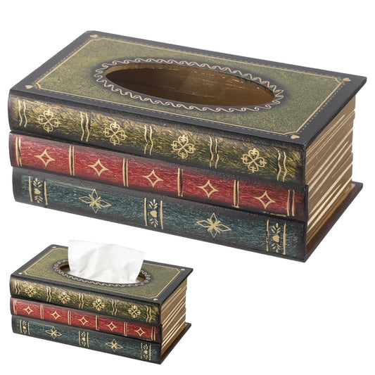 Vintage Book Wood Tissue Box Cover, Square Decorative Facial Tissue Dispenser, 10.2 x 5.9 x 4.1 in Green Napkin Holder for Home Decor, Bathroom, Office, Car, Kitchen, Gifting
