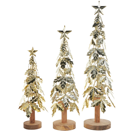 Deco 79 Metal Tree Decorative Sculpture Holiday Layered Holly Leaf Christmas Home Decor Statues with Wooden Base and Star Topper, Set of 3 Accent Figurines 22", 18", 14"H, Gold