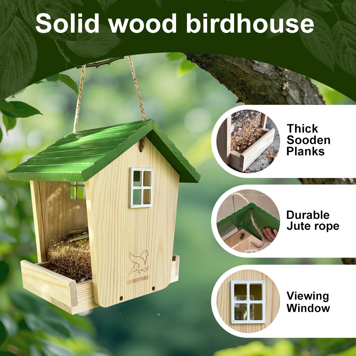 Bird Feeder Handcrafted Wood,Squirrel Proof Wild Bird Feeders for Outdoors Hanging Solid Wood Pine,Backyard Birding & Wildlife (Bird Feeder-A)