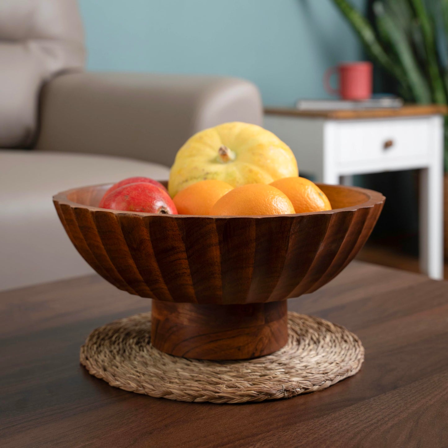 Luxe Designs Wooden Footed Bowl Handcrafted Decorative Fruit Bowl with Elegant Footed Base for Dining, Serving, and Home Décor – Perfect for Fruits, Snacks, and Centerpiece Display (Carved)