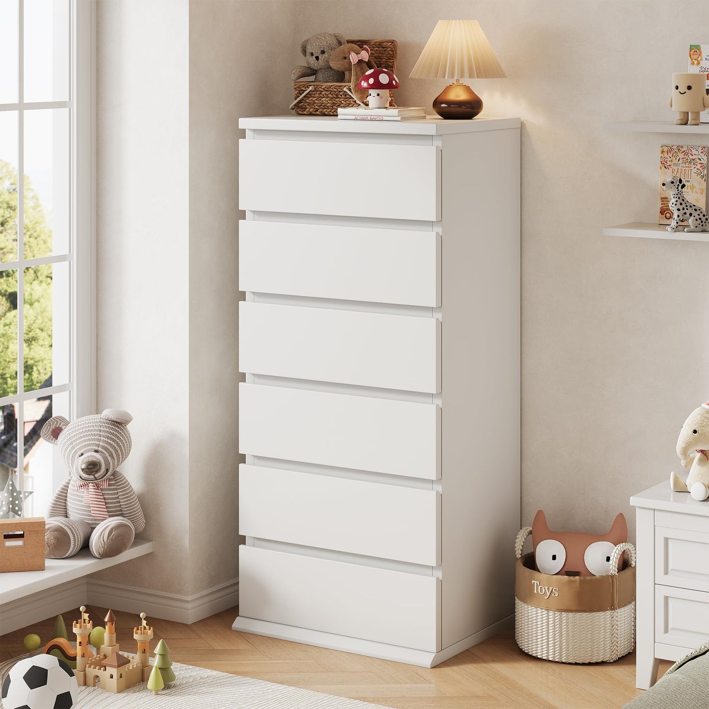 White Dresser, 6 Drawer Dresser for Bedroom, Wooden Chest of Drawers with Handleless Drawers, 19.7" W x 15.7" D x 47.2" H Vertical Tall Dresser, Storage Dressers for Living Room, Hallway and Office