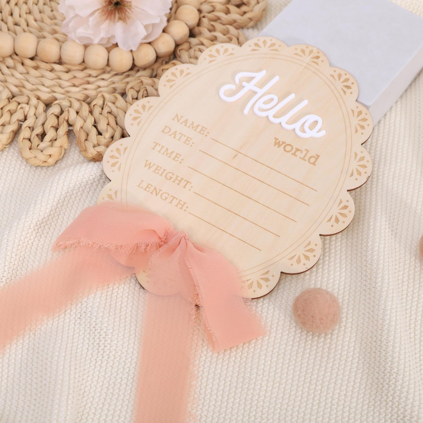 Girls Hello World Wood Sign - Newborn Birth Announcement Plaque, Scallop Edge Wooden Sign Disc, Hospital Name Welcome Baby Photo Props, Baby Shower Keepsake Gifts