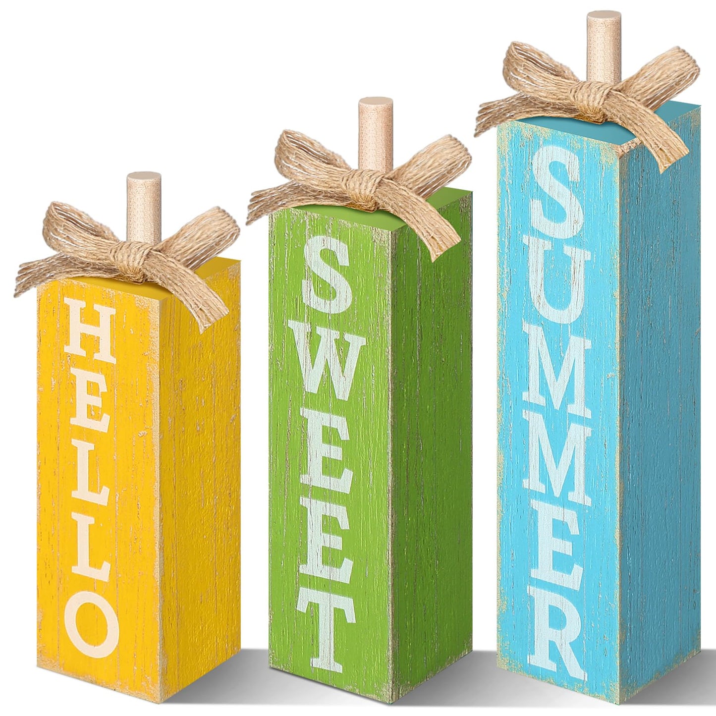 Seeloowy 3 Pcs Hello Sweet Summer Table Block Signs Rustic Farmhouse Wood Lemon Centerpiece Blue Yellow Green Hello Summer Decorations for Tiered Tray Decor Home Office Kitchen Mantel Shelf Indoor