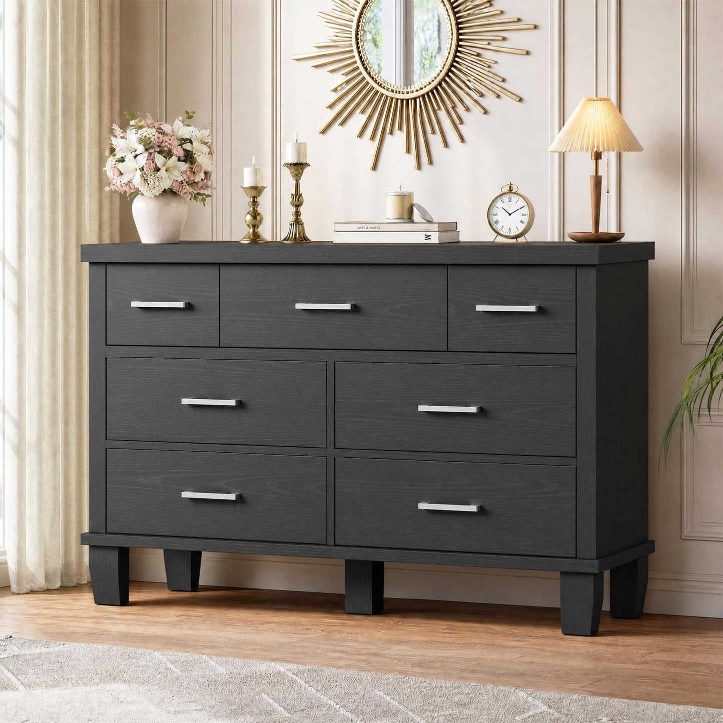 IDEALHOUSE Dresser for Bedroom with 7 Drawers, Black Storage Chest of Drawers with Metal Handle, Wooden Dresser Organizer for Living Room,Closet,Entryway,Nursery