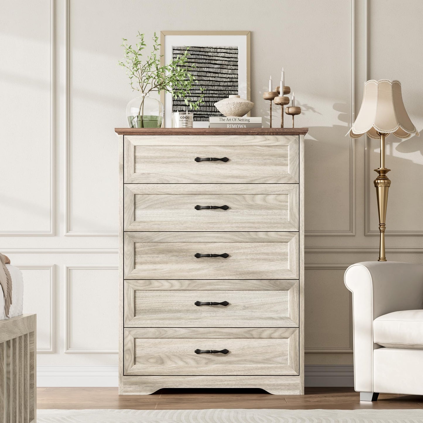 Garvee 5 Drawers Dresser for Bedroom,Chest of Drawers with Wide Metal Handle,Farmhouse Modern Wooden Tall Dresser,Natural Texture,Storage Organizer for Bedroom,Living Room,Kids Room(Beige)