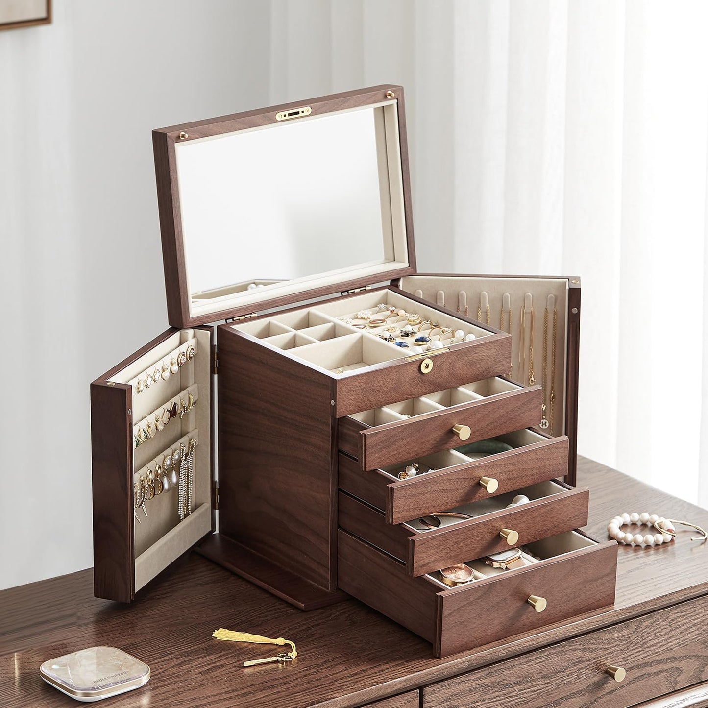 Homruilink Black Walnut Wooden Jewelry Box Wood Jewelry Organizer with 2 Side Doors Mirror Lockable Classical Style for Watch Necklace Ring Earring Storage, Fathers Day Gift-5 Layer