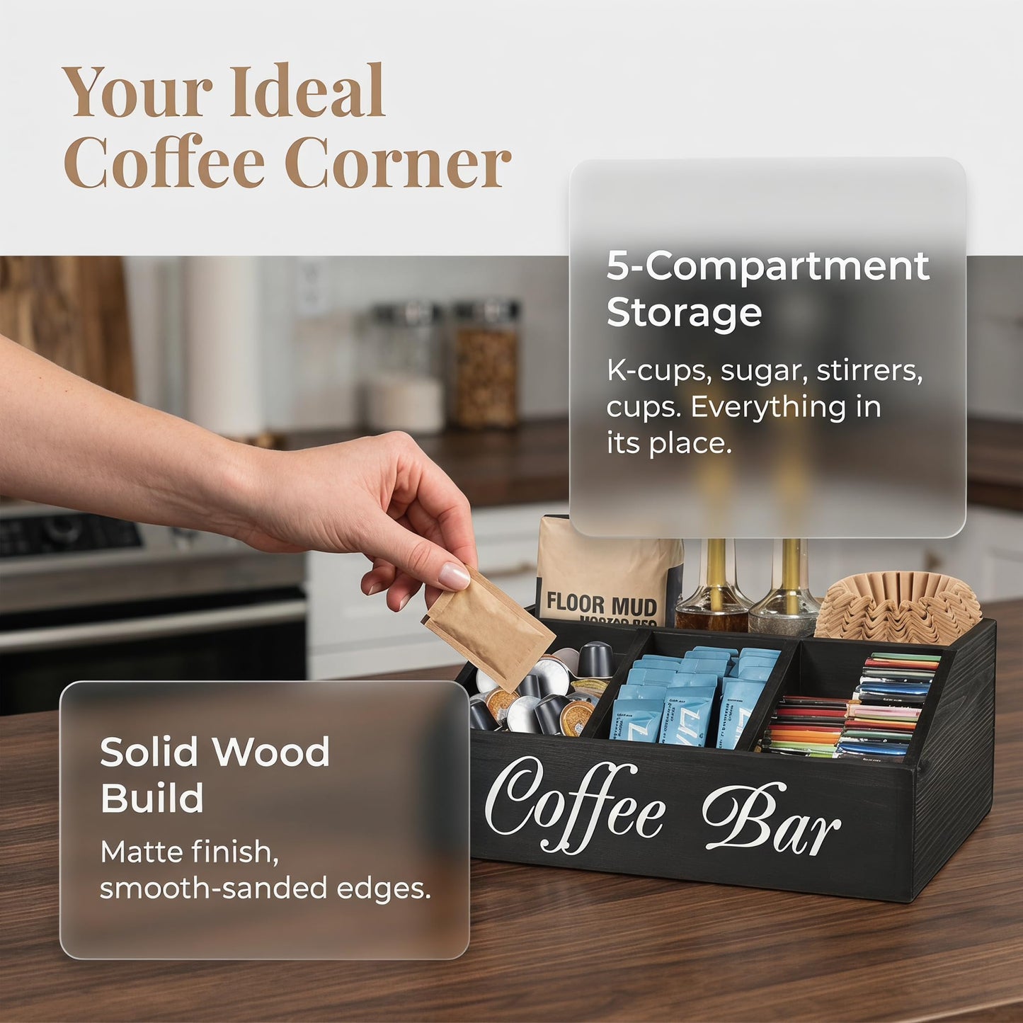 SHAXIXI Coffee Station Organizer - Double Layer with Drawers, Country Style Coffee Bar Organizer, Farmhouse Coffee Capsule Storage Basket, Natural Solid Wood Material, 12.6 x 8.5 x 5.2 inches