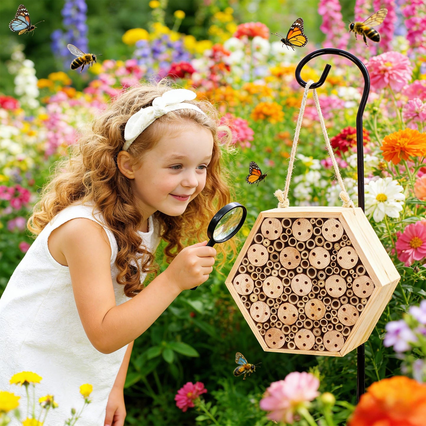 Dmnnlp Mason Bee House, Natural Wooden Hexagon Bee House with Metal Stake & Cleaning Brush, Hanging Bees Box Habitat to Attract Pollinators, Garden Decoration, Gift for Bee Lovers