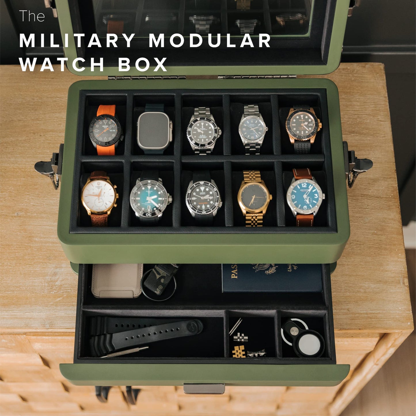 CASE ELEGANCE Military 10 Slot Watch Box Case Organizer for Men, Real Glass Top, Modular Valet Tray, Apple Watch Compatible with Apple Watch Stand, Accessory Drawer, Watch Pillow Stands
