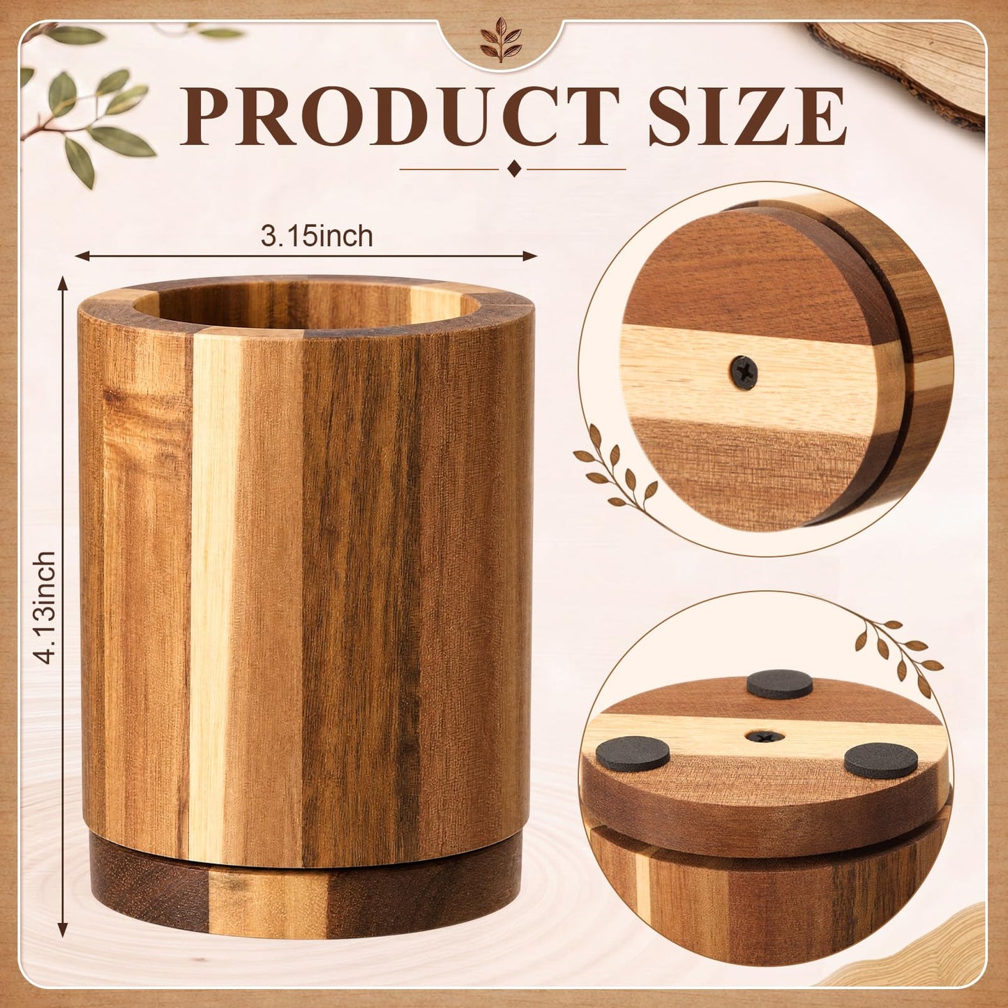 ForraFun 360° Rotating Pen & Pencil Holders Accessories Acacia Wood Desktop Pencil Holder Containers Farmhouse Stationery Organizer Stand for Office Table Desk Accessory