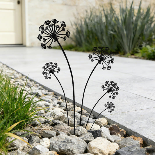 KODIBO 5-Pack Black Dandelion Metal Garden Stakes Outdoor Decor, Matte Powder-Coated Yard Stakes Set, Metal Yard Art, Modern Minimalist Garden Accents for Lawn, Borders, Planters, Porch & Patio
