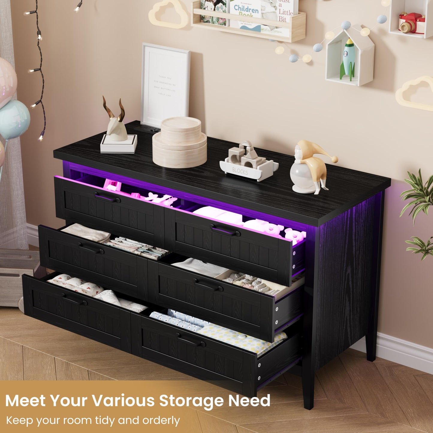 IDEALHOUSE 6 Drawer Dresser with Charging Station & LED Lights
