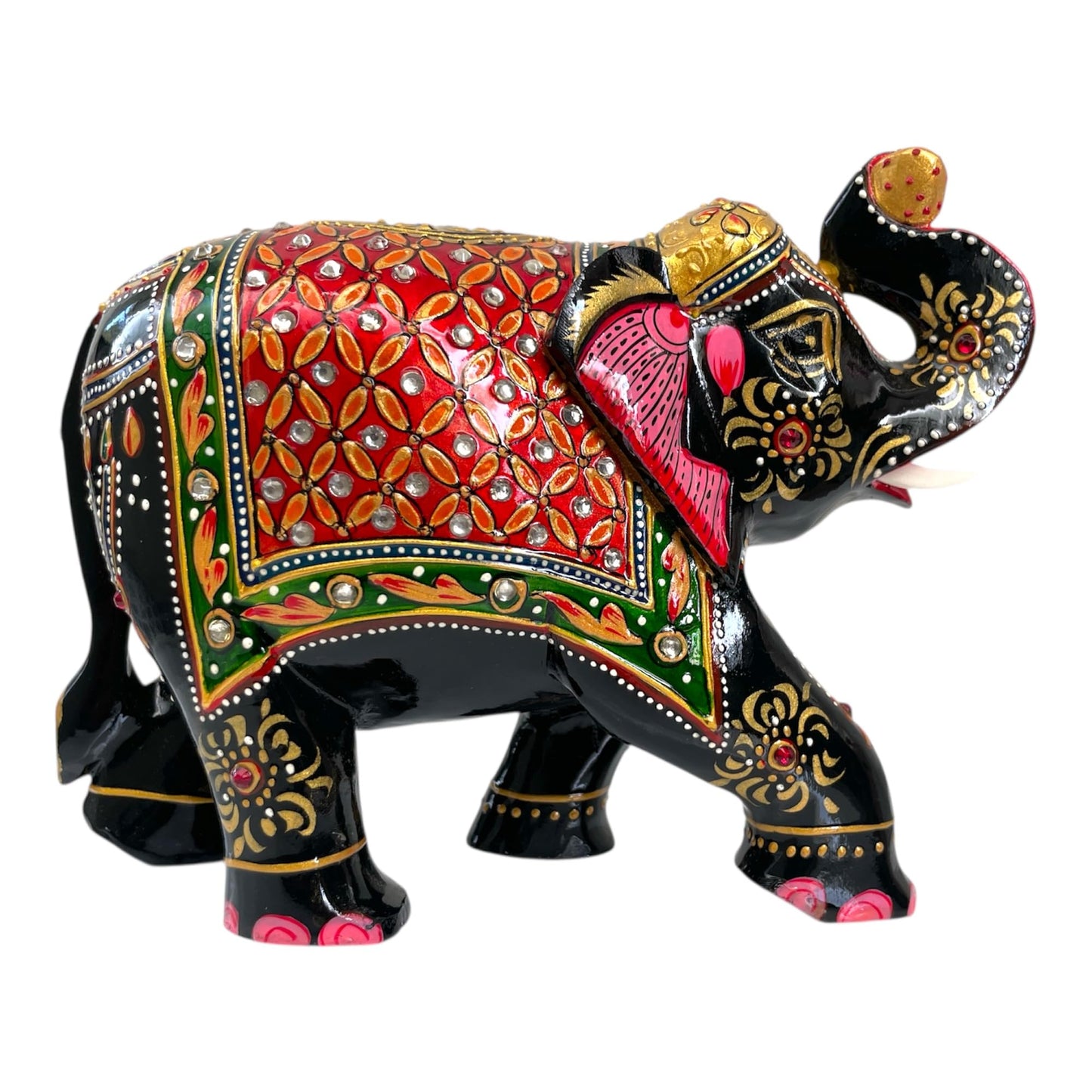 Modern Handcrafted Wooden Elephant Figurine – Trunk up Design with Gemstone Accents | Artistic Decorative Elephant Statue for Home Decor, Office, Gifts – Symbol of Protection & Wisdom (Black & Gold)