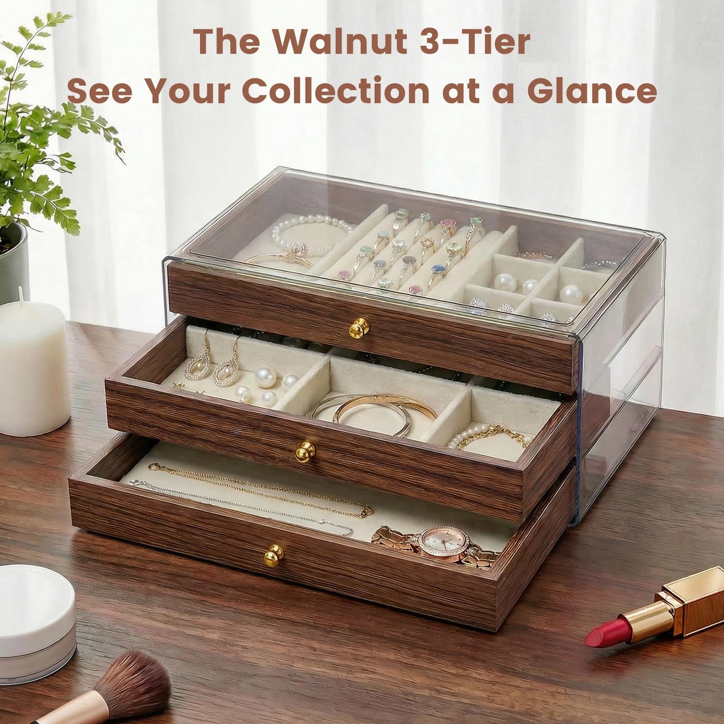 Simple Supplies Wooden Jewelry Box for Women, 3-Layer Jewelry Organizers and Storage with 3 Drawers & Velvet Trays, Large Earring Holder, Necklace Ring Travel Case, Gift Box for Drawer, Wood