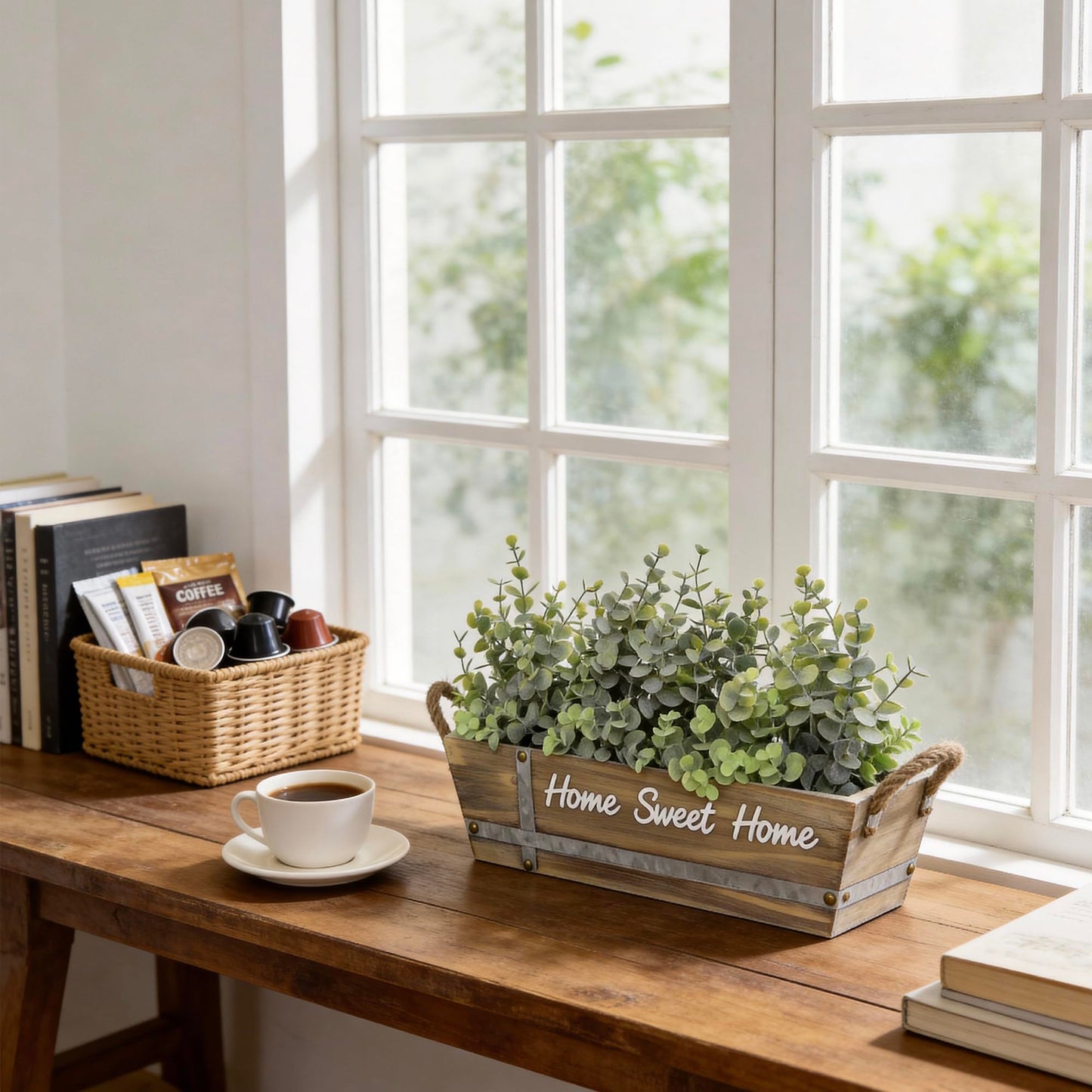 hopeme Artificial Eucalyptus Table Centerpiece in Wooden Box, Faux Greenery Arrangement with “Home Sweet Home” Sign, Jute Rope Handles, Farmhouse Rustic Home Décor