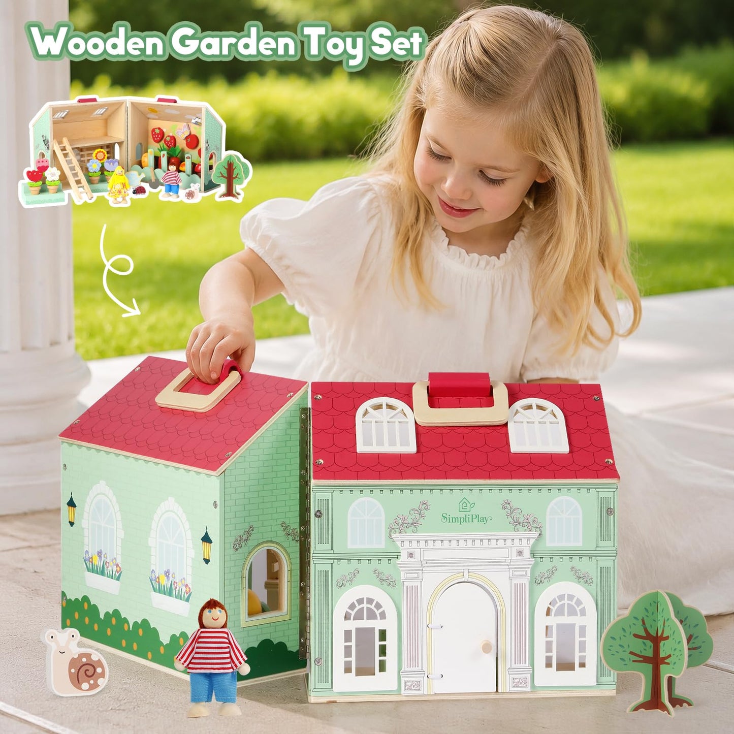 SIMPLIPLAY Montessori Wooden Garden Toys, 45pcs Wooden Dollhouse Kit