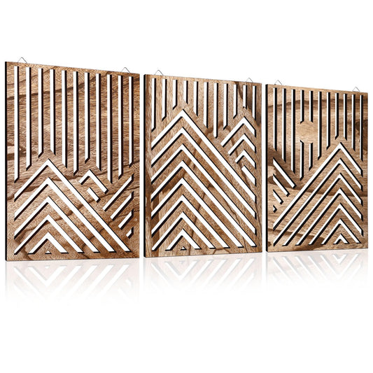 3pcs Wooden Wall Art, Mountain Decor Single Line Minimalist Decors Mountain Wall Art, Abstract Mountain Line Wood Wall Decor Hanging for Living Room Bedroom Bathroom Home Decors (Walnut Brown)