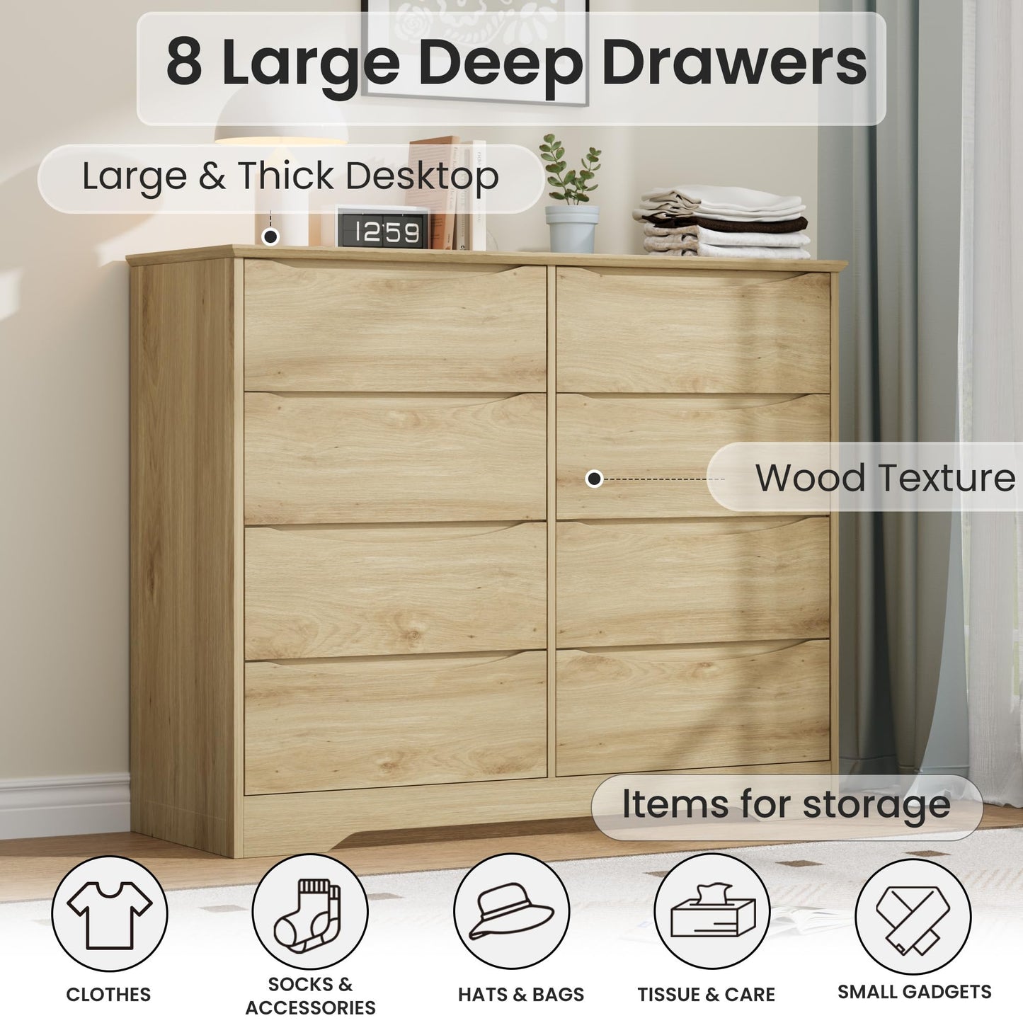 Garvee Wooden Dresser with 8 Drawers, Tall Modern Closet with Deep Storage, Large Chest of Drawers with Wide Top, Long Storage Dresser for Bedroom, Living Room, Hallway, Kids Room, Natural