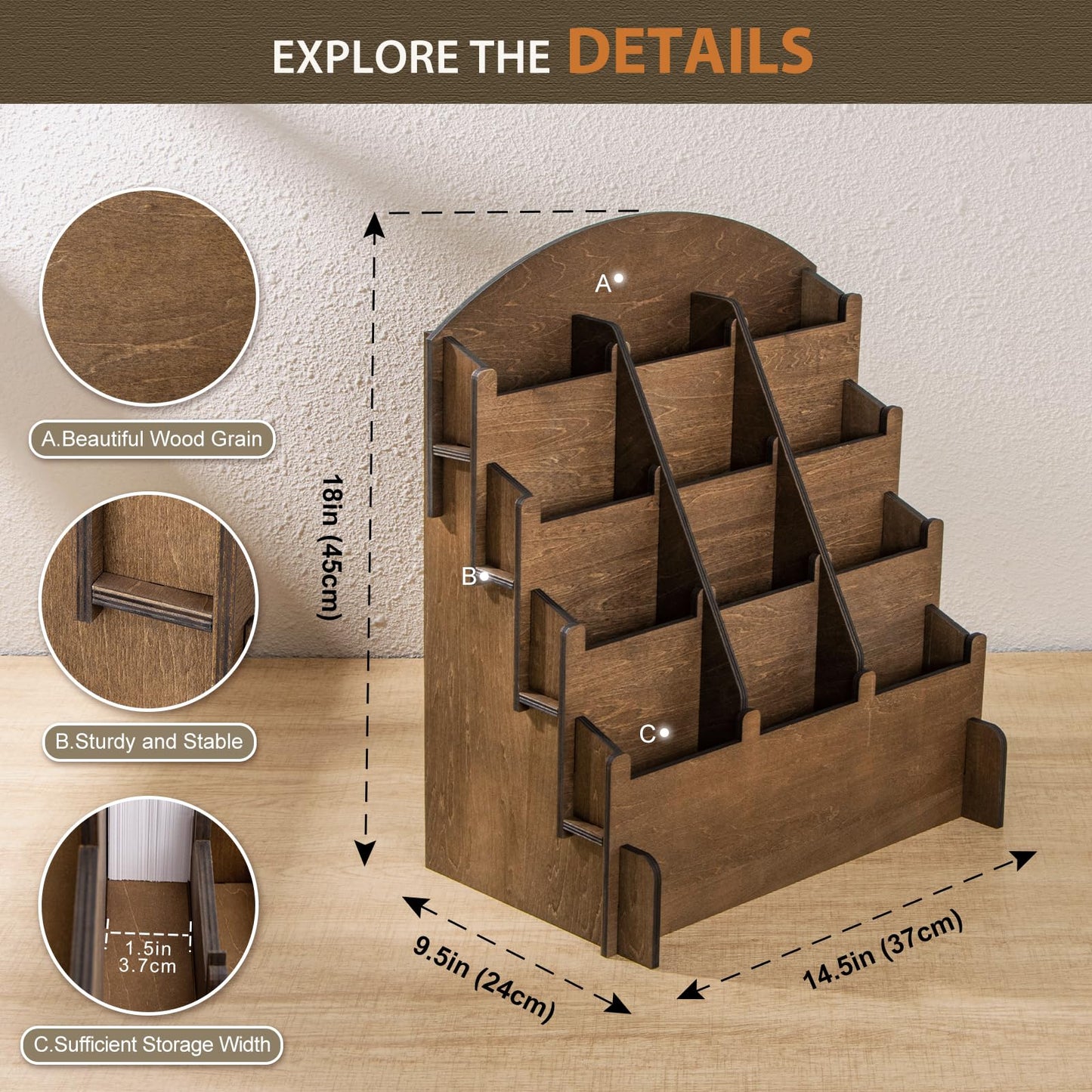 PUERSI Wooden Sticker Display Stand, Sticker Holder Display Organizer with 12 Pockets for Greeting Card, Postcard, Coaster, Bookmark, Brochure, Vendors, Retail, Brown