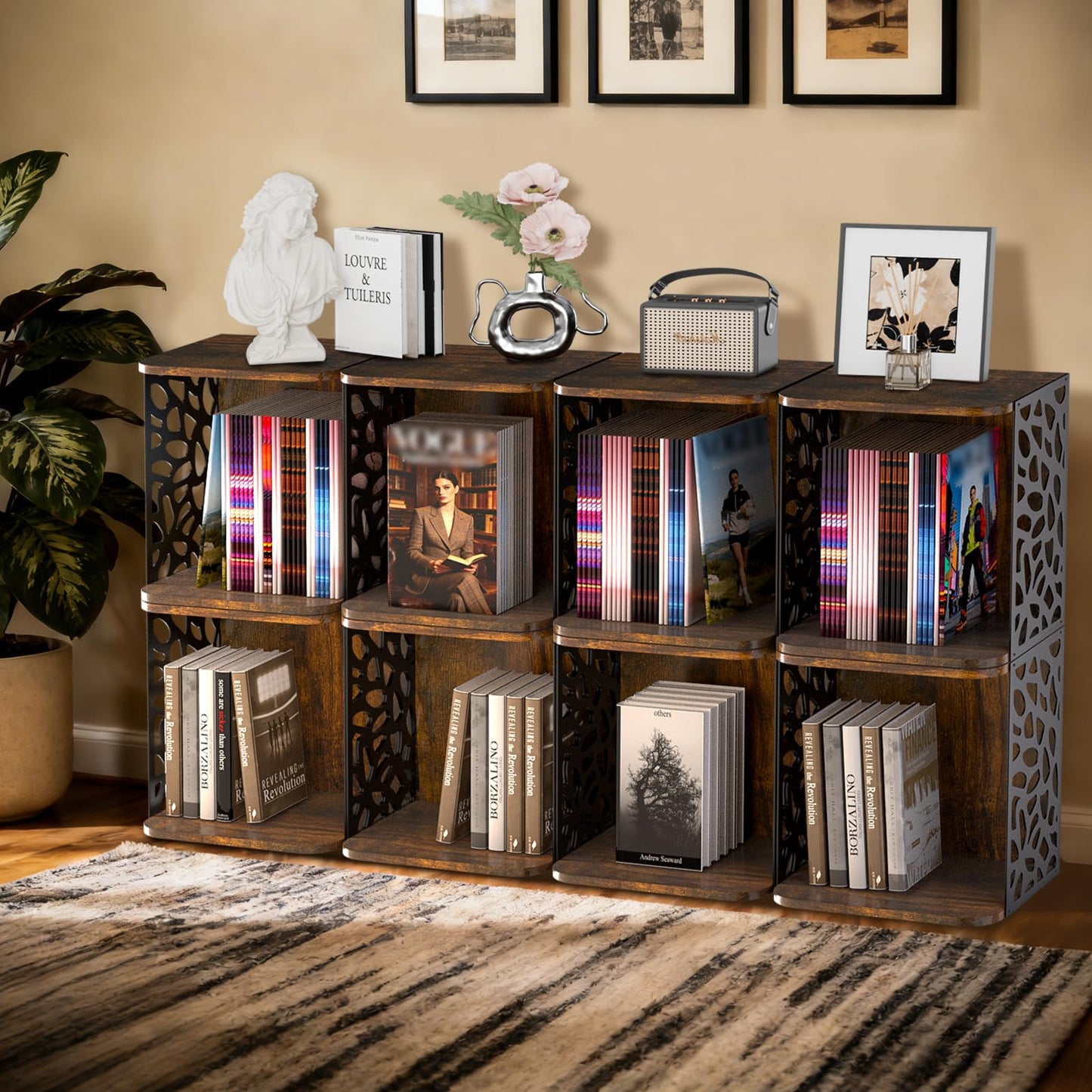 CILXGQLN 1 Cube of Magazine Rack, Modern Floor Magazine Holder with Rustic Wood & Metal Design, Large Capacity Stackable Organizer for Living Room & Office & Bedroom