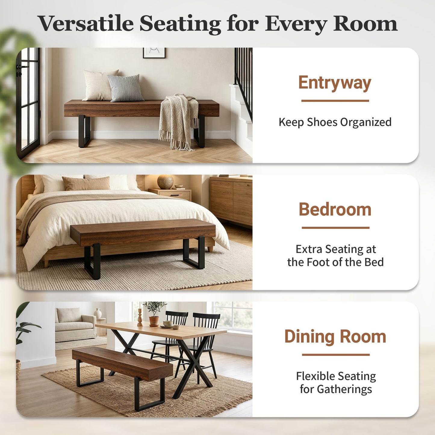 GDFStudio Modern Wooden Bench with Metal Legs, Entryway Shoe Bench Indoor, Dining Seating Bench with Thick MDF Top, Industrial Style Bedroom Bench, Sturdy Multi Use Furniture, Espresso