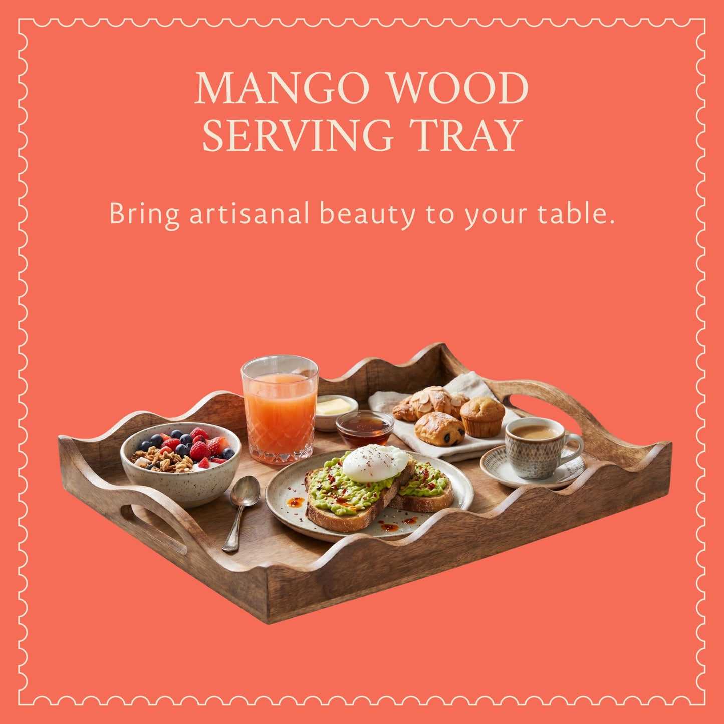 Mela Artisans 14” x 10” x 2.5” Mango Wood Serving Tray with Handles – Ottoman Scallop White Burnt – Medium Handcrafted Wooden Serving Board for Breakfast, Coffee & Home Décor