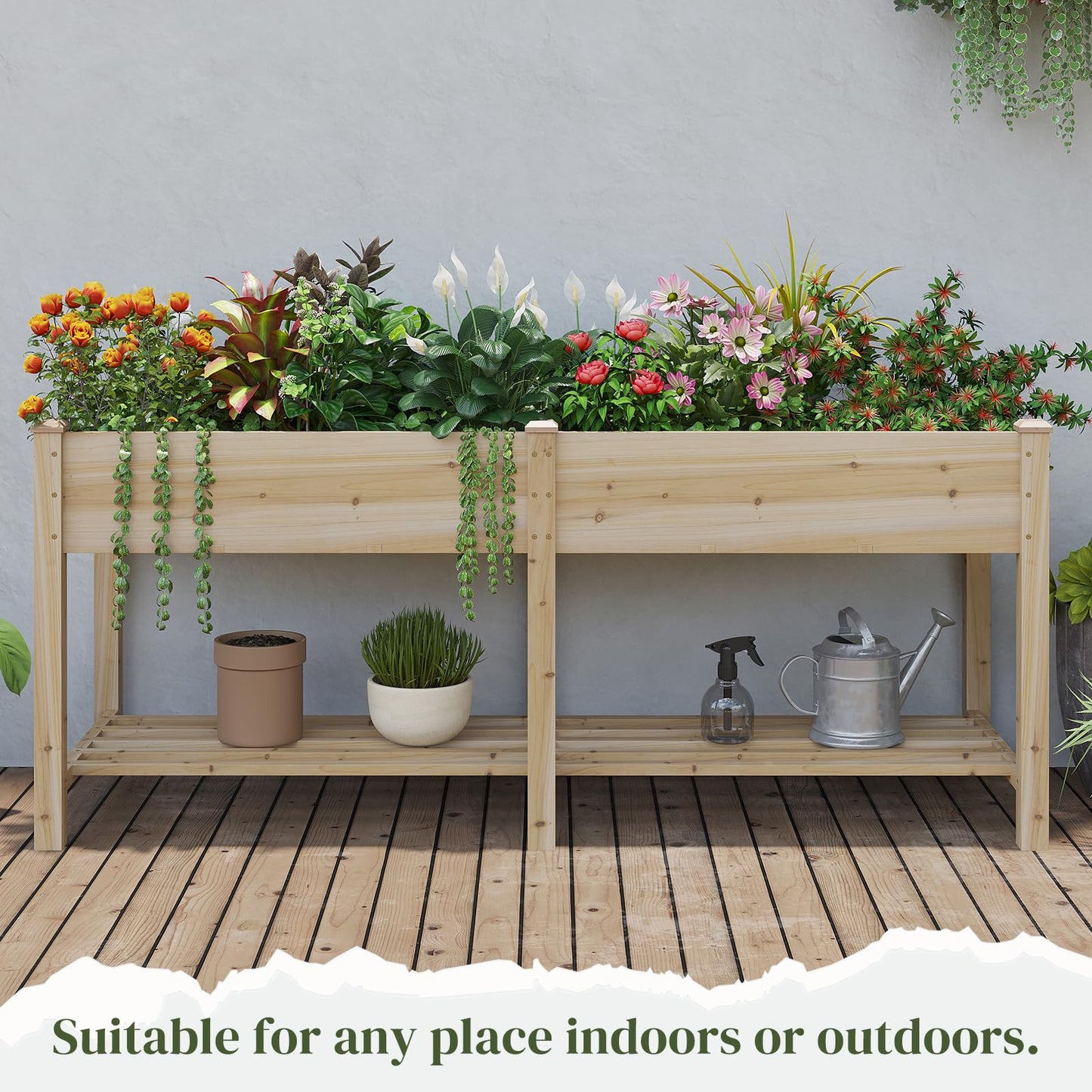 PULIJIAJU 72x24x30.5in Raised Garden Bed Elevated Wood Planter Box with Shelf Garden Planter with Legs for Backyard, Patio, Balcony w/Divider Liner, 300lb Capacity -(Natural)