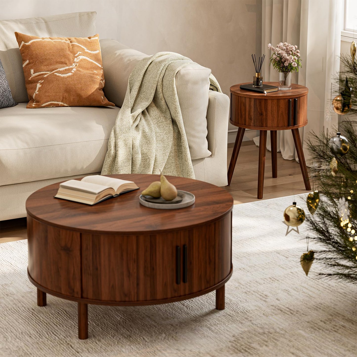 ZttRiee Round Side Table with Sliding Doors, Mid-Century End Table, Walnut