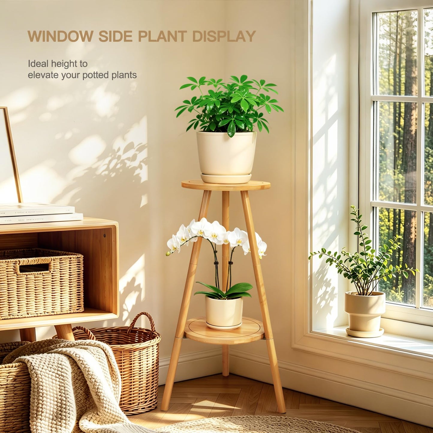 Jotsport Bamboo 2-Tier Plant Stand, 30" Tall 2-in-1 Convertible Flower Pot Holder, Heavy Duty 150 LBS Capacity, Multi-Use End Table for Window, Living Room, Balcony, Patio
