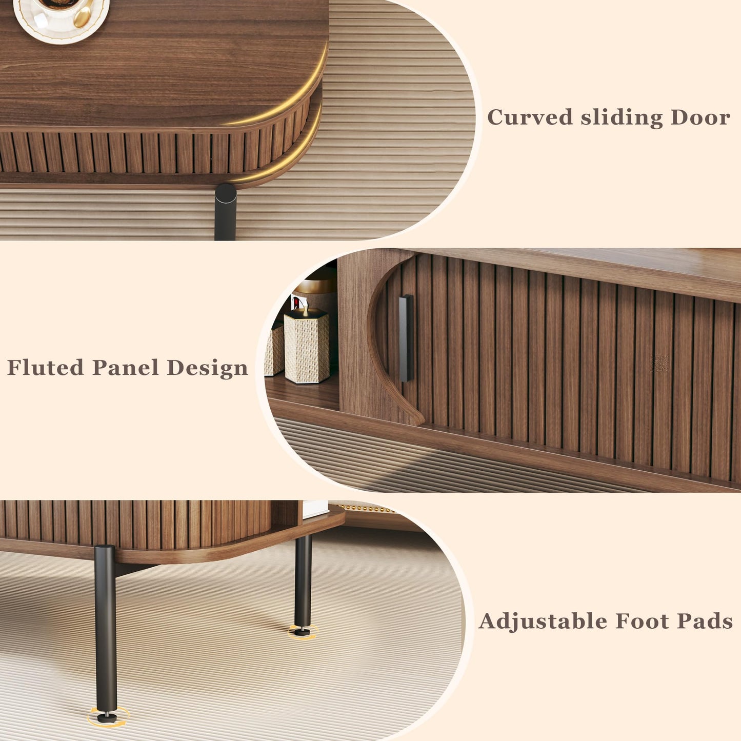 Coffee Table, 39.4" Mid Century Modern Coffee Tables for Living Room, Coffee Table with Storage Open Shelf, Fluted Table with Sliding Cabinet Door, 2-Tier Rustic Wood Desktop, Walnut