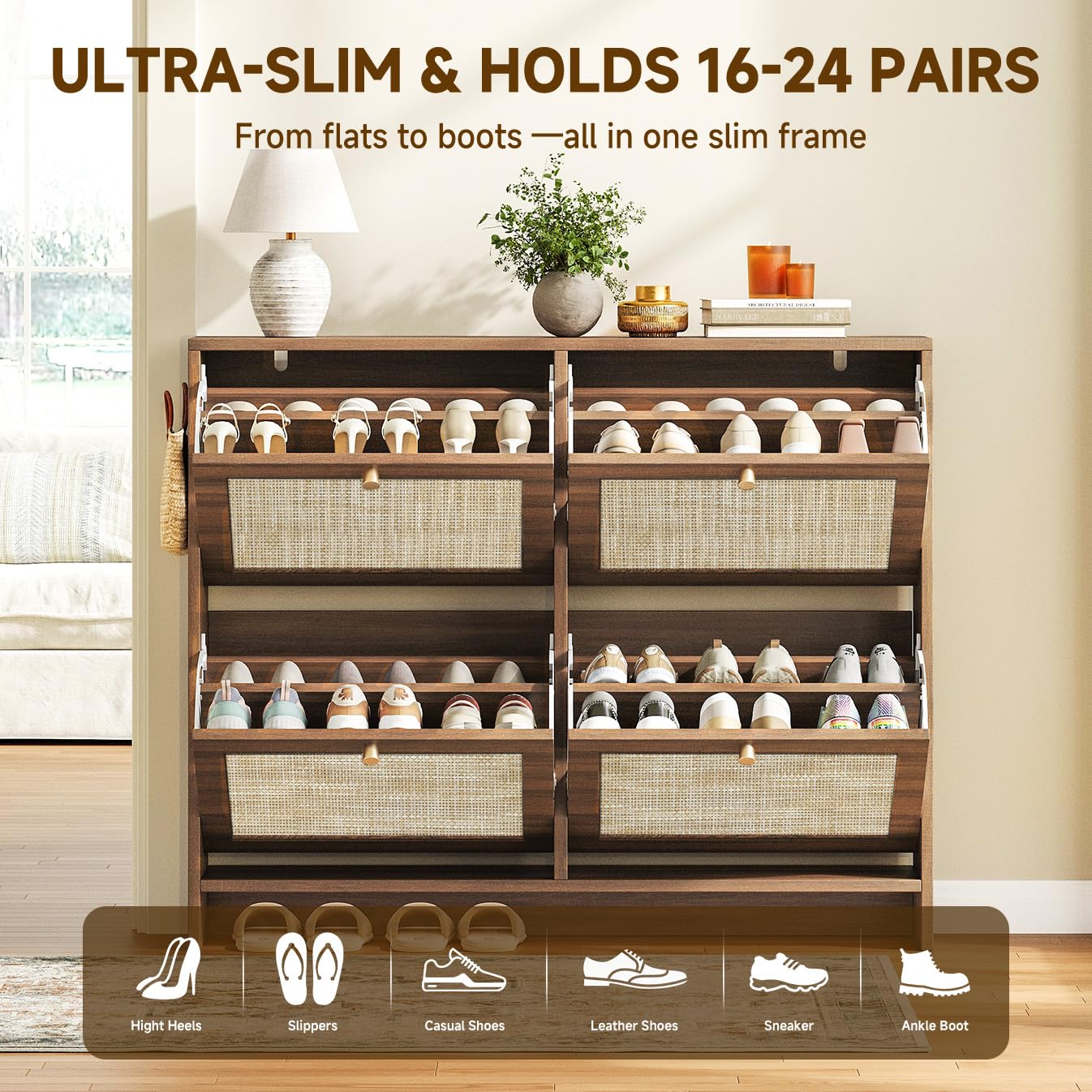 Nicetree Shoe Cabinet Storage for Entryway, 4-Flip Drawer Narrow Shoe Rack, Organic Modern Rattan Shoe Organizer with Gold Legs, Shoe Organizer Fits Men's Size 13.5, Toasted Caramel Walnut