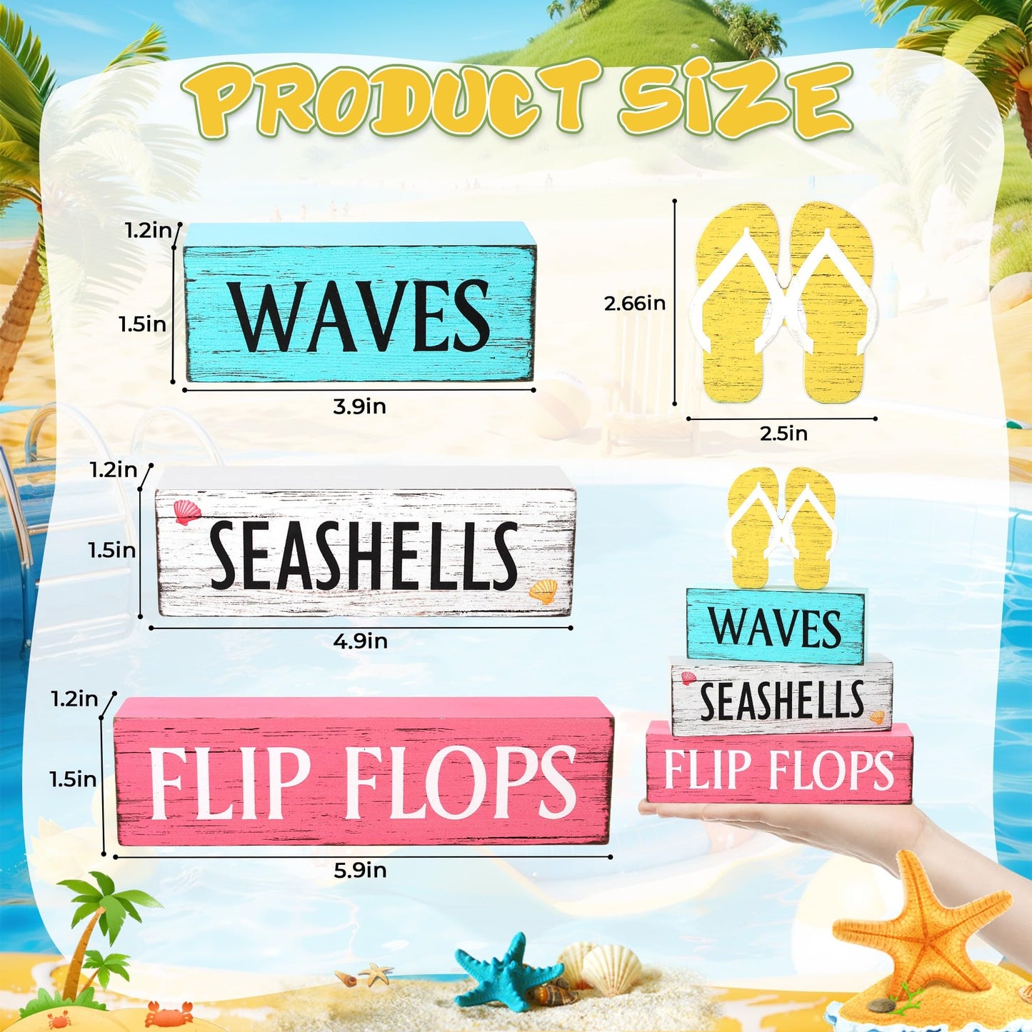4 Pcs Summer Wooden Tiered Tray Decor, Flip Flops Decorations Gifts for Home, Summer Table Centerpiece for Beach Mantel Party Kitchen Hawaii
