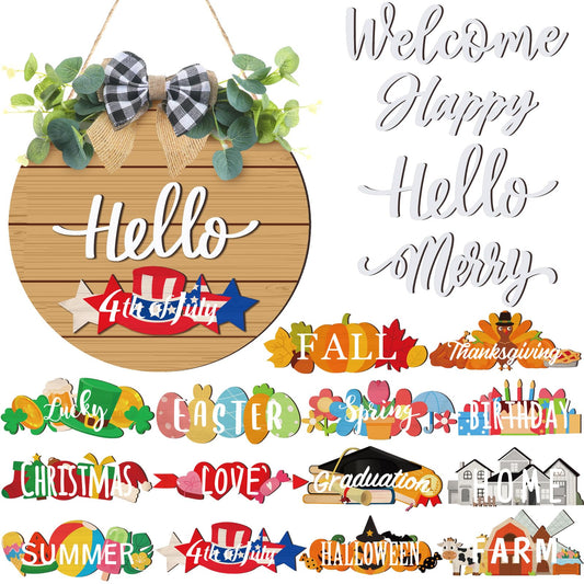 Burbell 20 Pieces Interchangeable Welcome Sign for All Seasons Seasonal Front Door Decor with 4 Pcs Sign and 15 Pcs Changeable Icons Farmhouse Front Porch Rustic Holiday Wooden Door Decor(Brown)