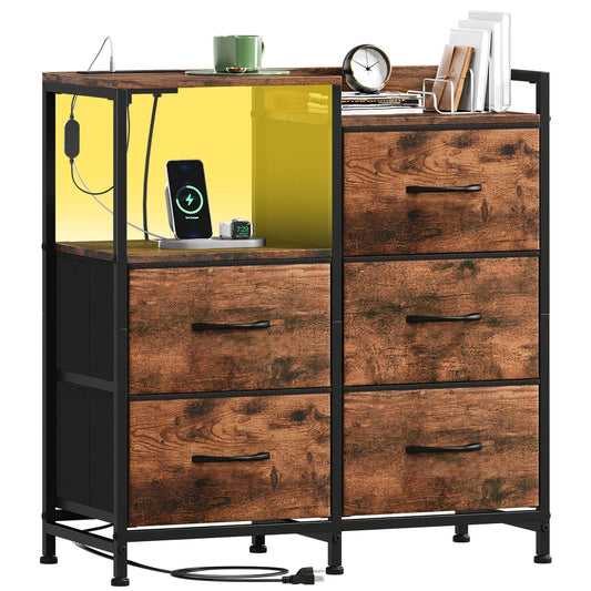 Somdot Nightstand with Charging Station and LED Light, Wide 5 Drawers Dresser for Bedroom with Fabric Bins and Open Shelf for Bedroom Kids Closet Dorm Guest Room, Wood Grain Print