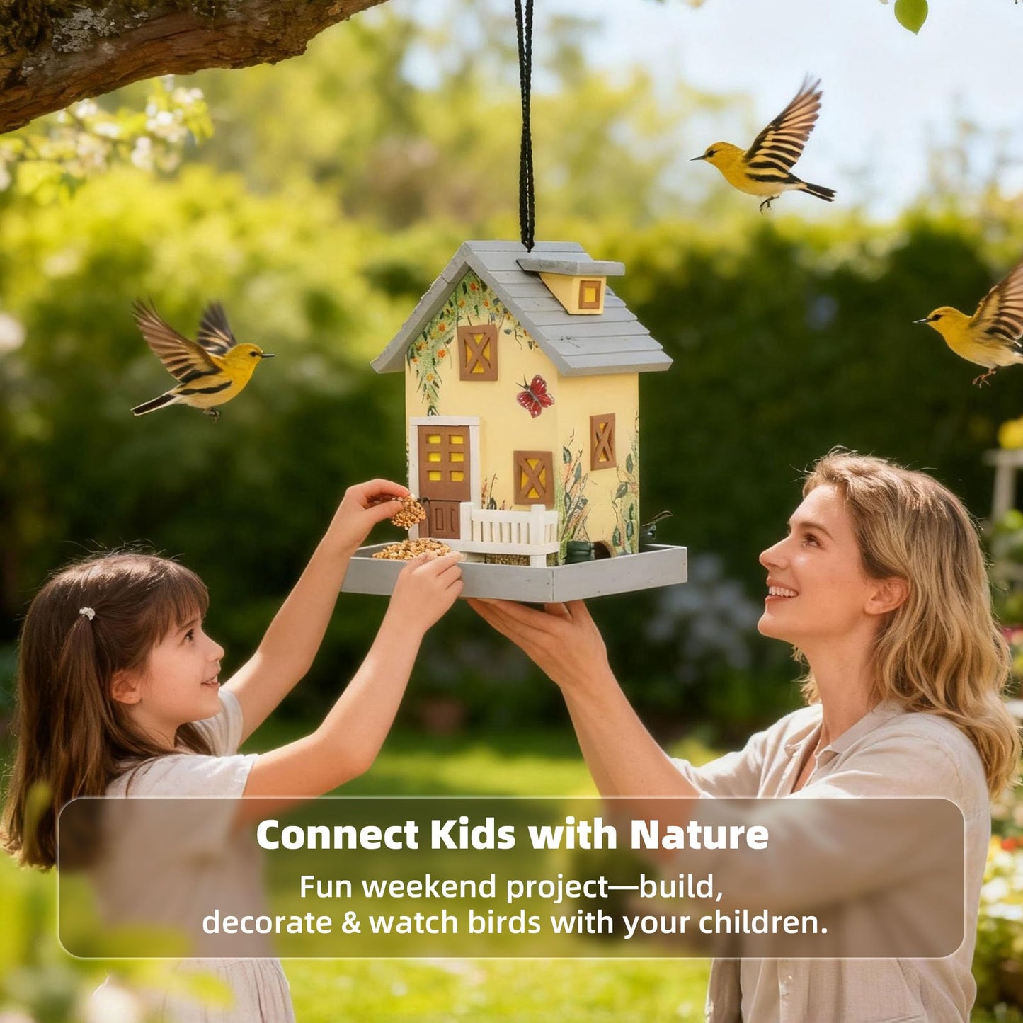 MEWANG Outdoor Hanging Bird Feeder, Decorative Wooden Bird House Without Camera for Hummingbirds, Cardinals & Bluebirds (Light Yellow)