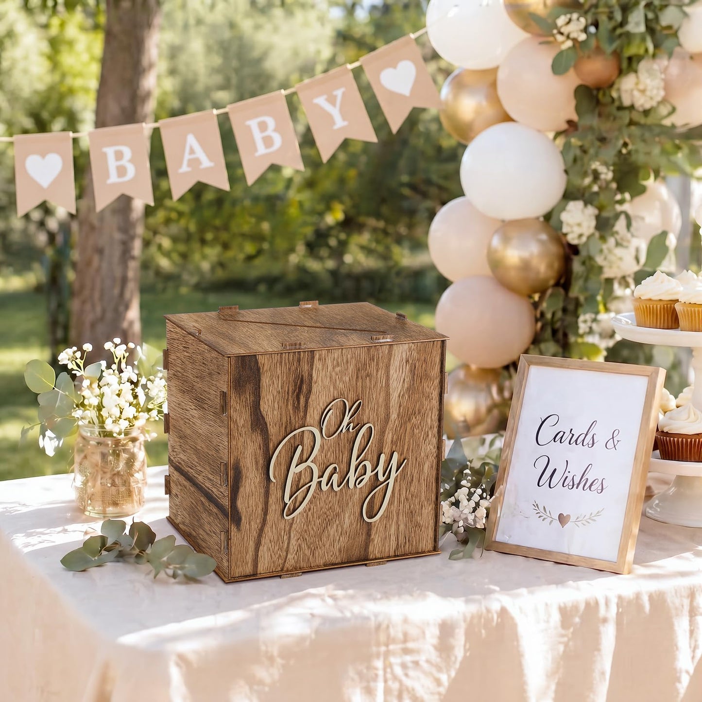 Bucherry Rustic Wooden Baby Shower Card Box Favors, 8.7 x 8.7 x 8.7 Inch Receiving Money Holder Card Box with Slot for Baby Showers, Birthday Party Table Centerpiece Decorations