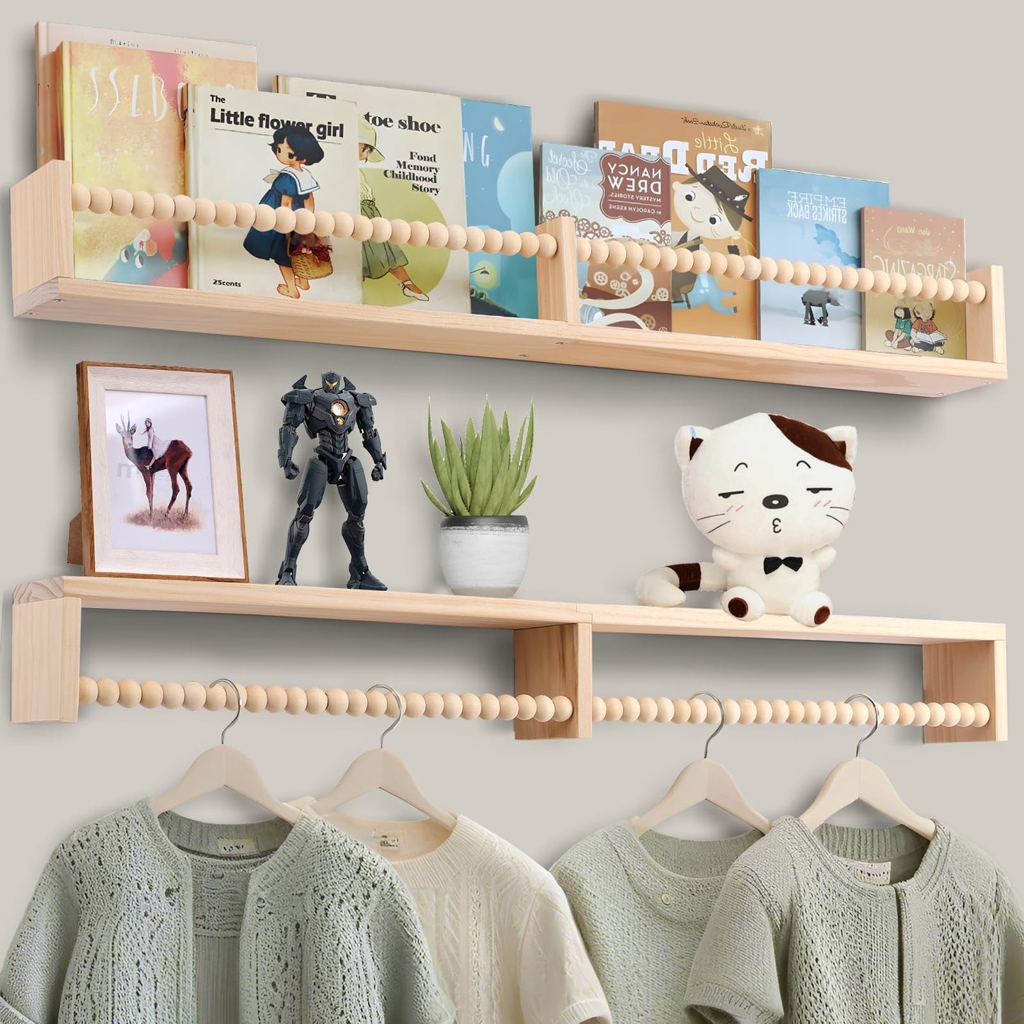 TUEGEGNS Nursery Book Shelves - Wall Mounted Set of 2, 32 inches Wooden Floating Bookshelves for Kids' Room and Study Room