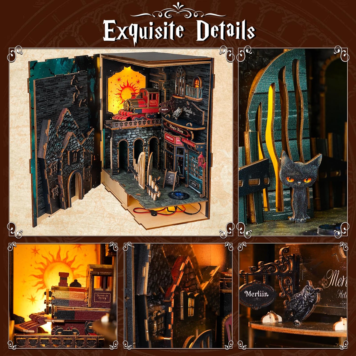 Rnfinewow Book Nook Kit Magic Steam Journey, 3D Wooden Puzzle with LED Lights, DIY Miniature Model Kit Room Home Decor, Holiday Birthday Christmas Day Gifts for Men Women Teens